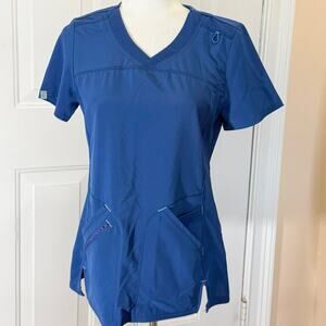 Scrubstar Performance women’s XS blue scrub top four pockets badge loop